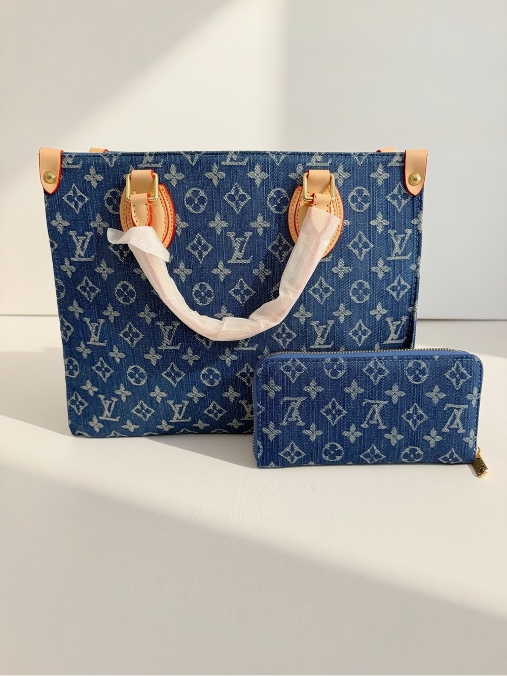 Blue Monogram Denim Tote Bag with Matching Wallet